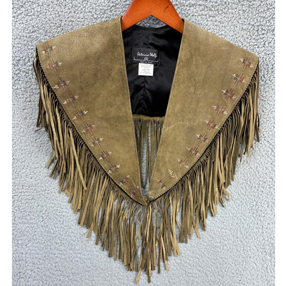 Patricia Wolf Southwestern Fringe Suede Capelet Shawl Womens OS Green Western